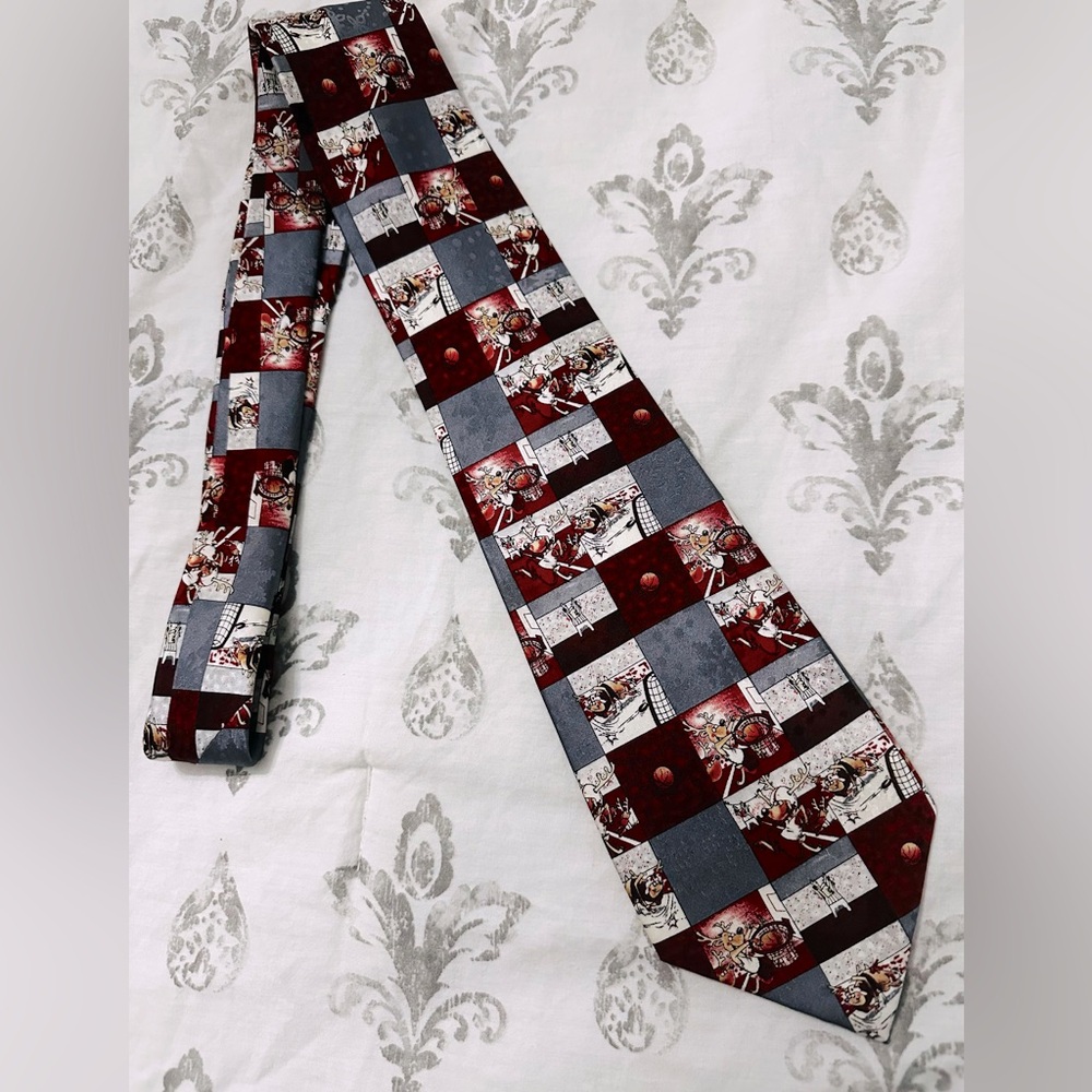Vintage Checkered Jingle Bells Tie with Red and Gray